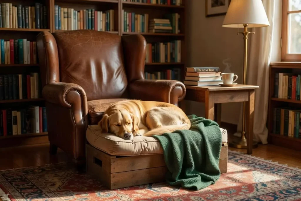 Dog nook at the foot of an armchair in a reading corner