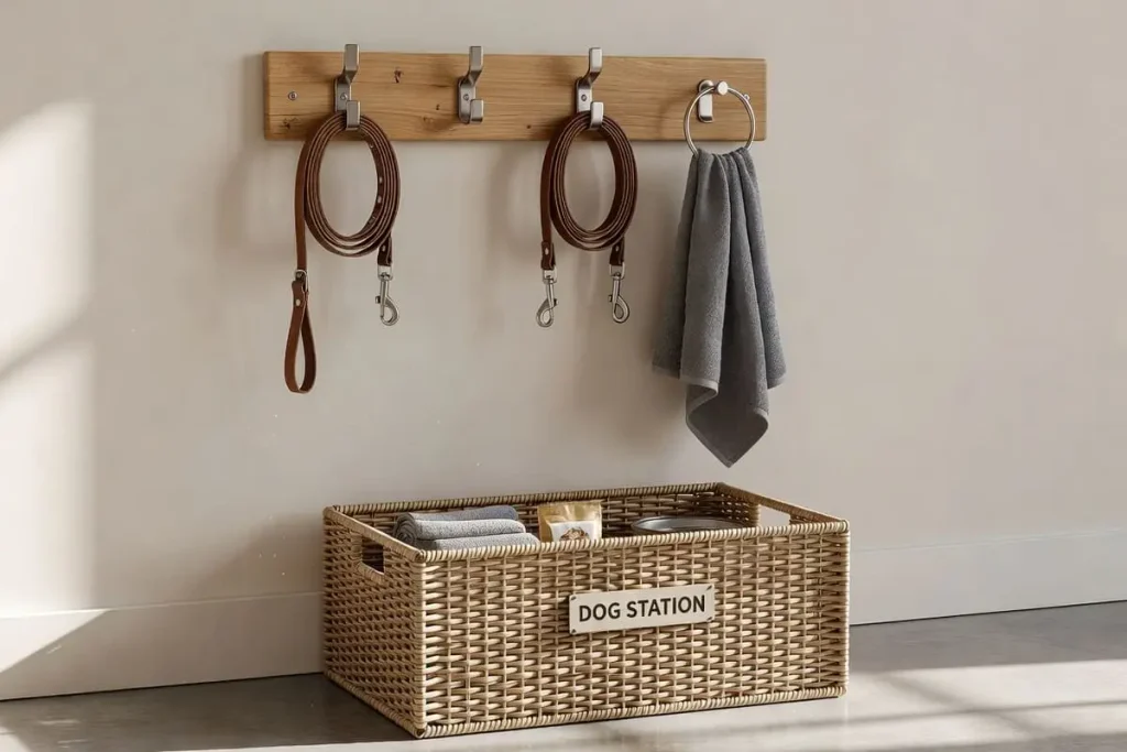 Entryway dog station with leash hooks, towel and storage bin