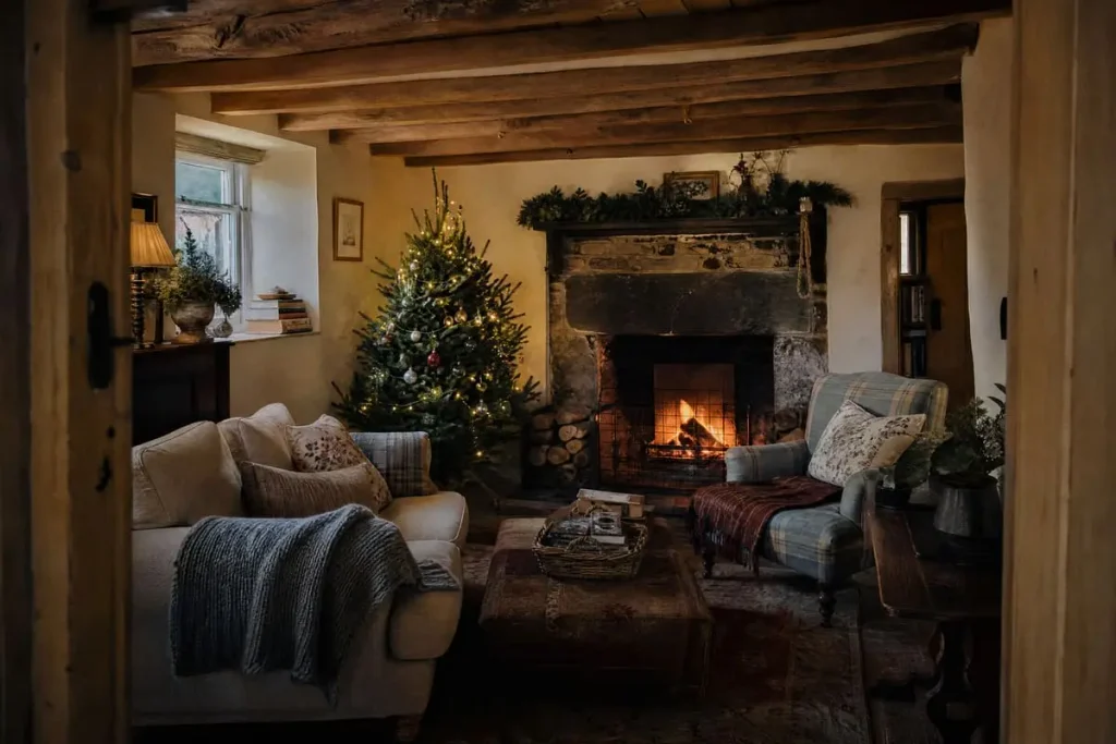 English cottage living room with timber beams, floral cushions, plaid throws and a glowing Christmas tree.