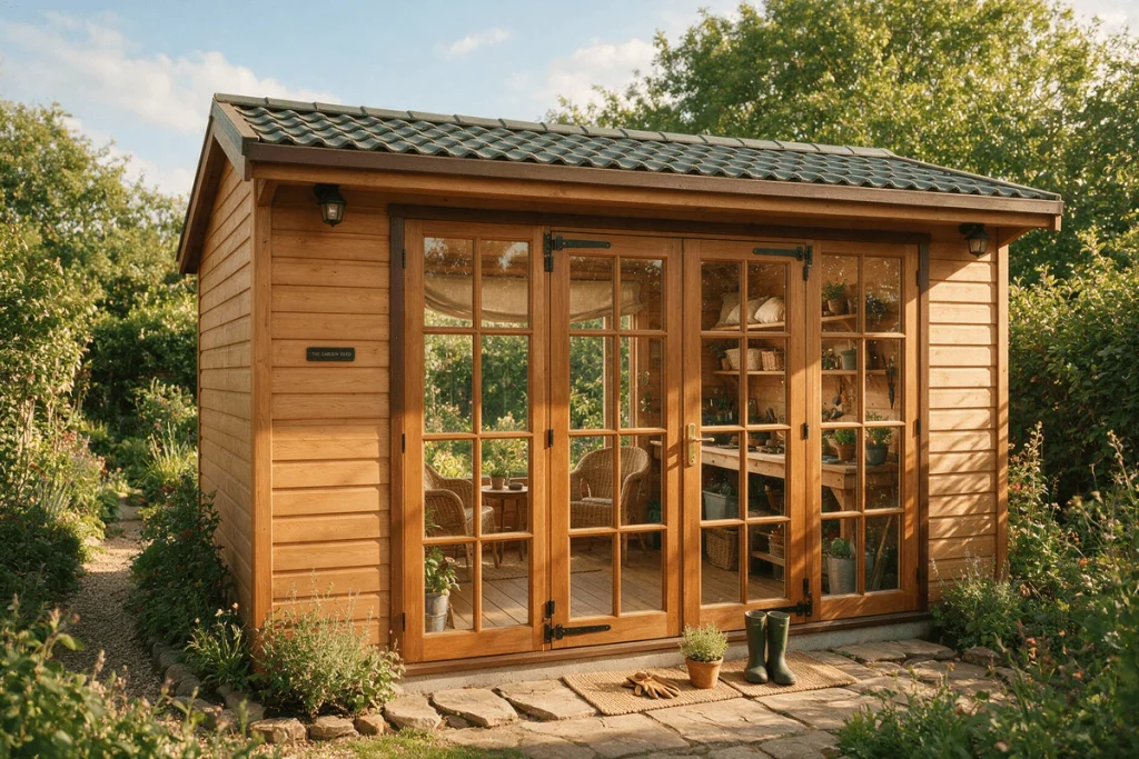 Finished she shed with glazed French doors and updated exterior details