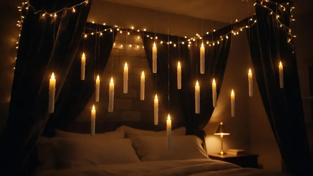 Flameless LED candles hanging from fishing line above a bed, with warm string lights along dark velvet curtains