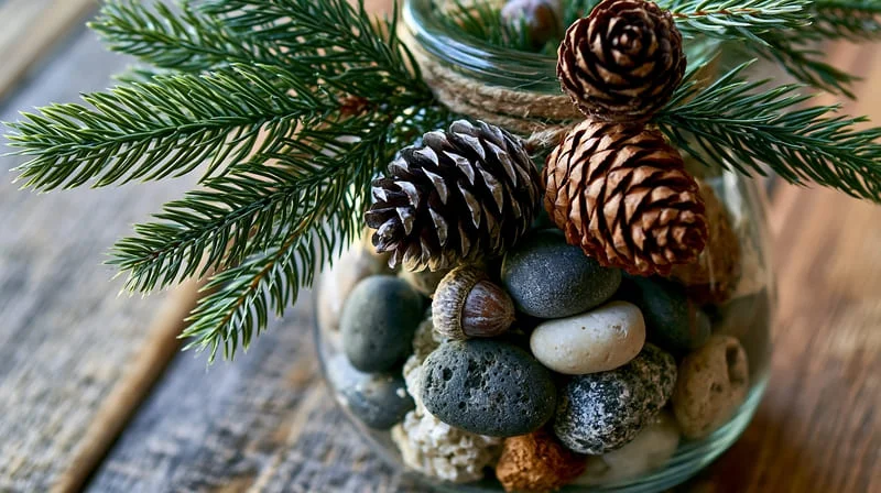 Glass jar holding stones, pinecones and pine branches on a wooden table