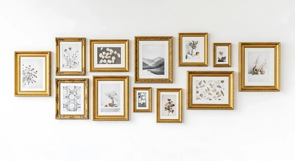 Gallery wall of framed art arranged on a white wall