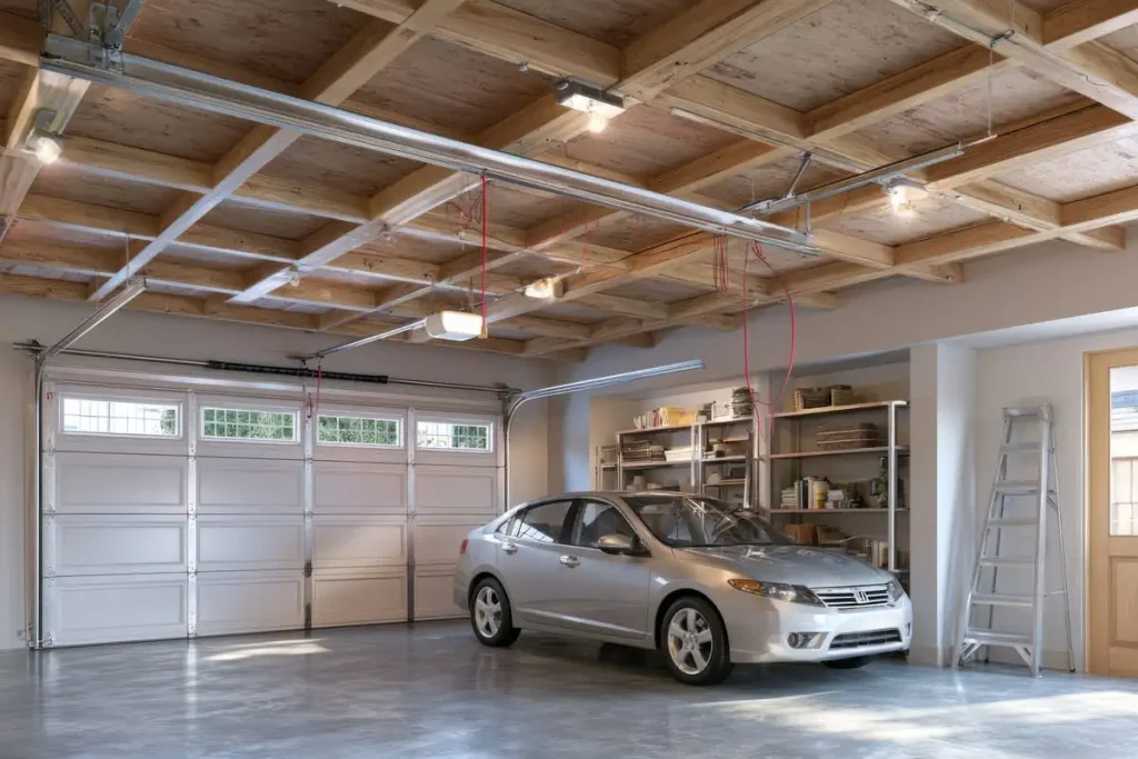 Ceiling-mounted garage door opener above a sectional door