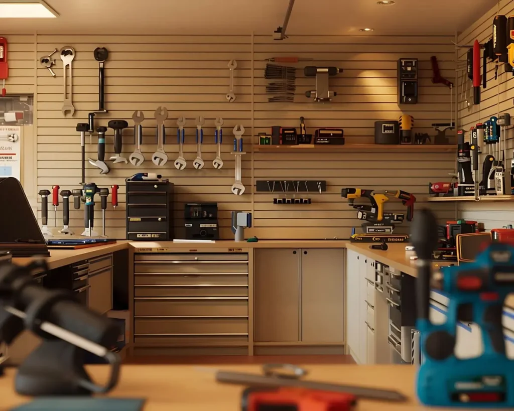 Garage lighting ideas for an organized garage with modern workstations