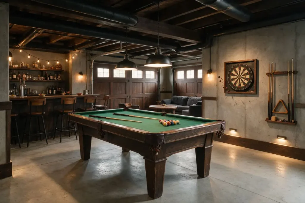 Garage man cave ideas for a game room with a pool table, dartboard and clear floor space around the table