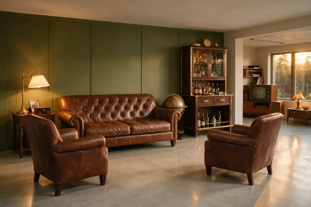 Garage man cave ideas with an olive green wall, brown leather sofa, armchairs and a dark wood drinks cabinet