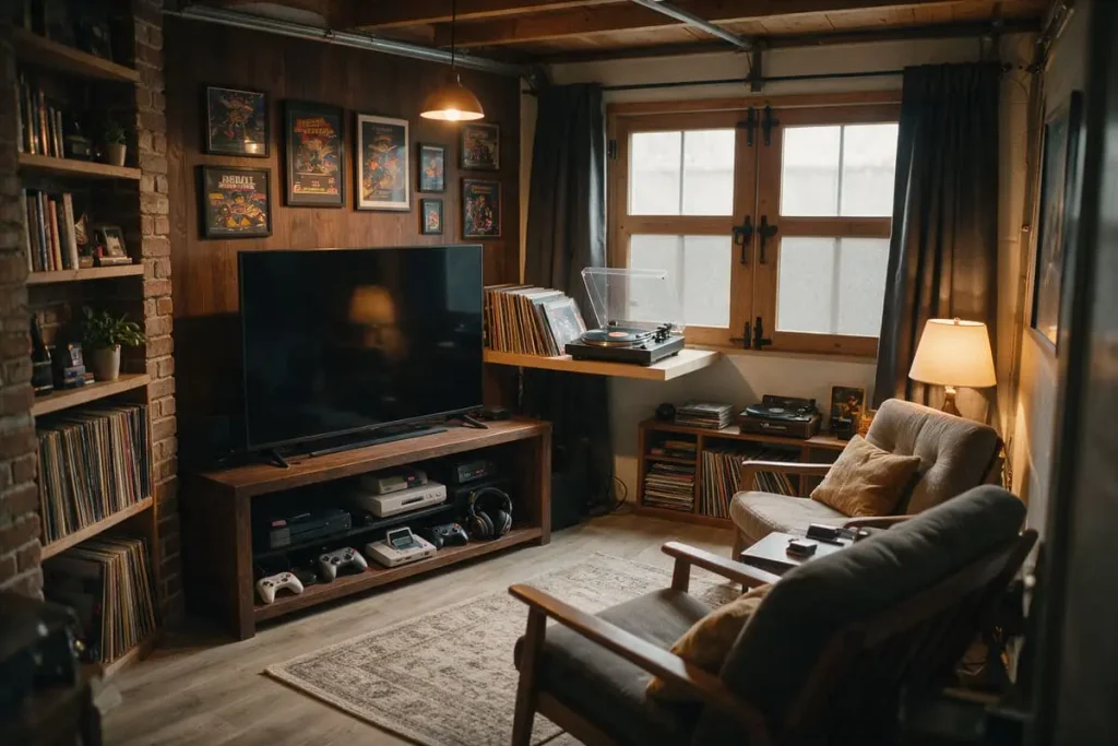 Garage man cave ideas for a media corner with a screen, retro consoles, turntable and two comfortable chairs