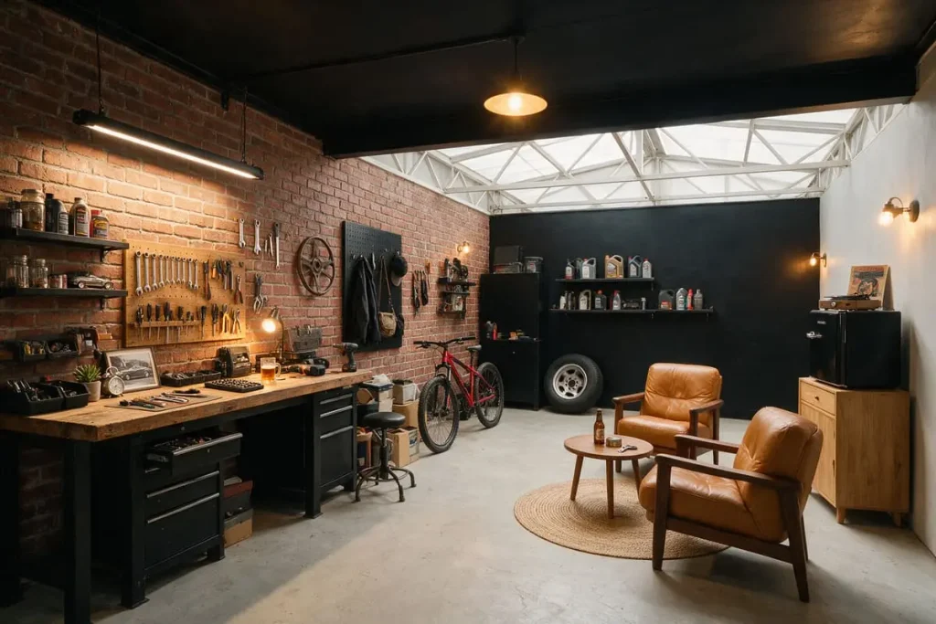 Garage man cave with a workbench zone next to a lounge area with armchairs and a mini fridge