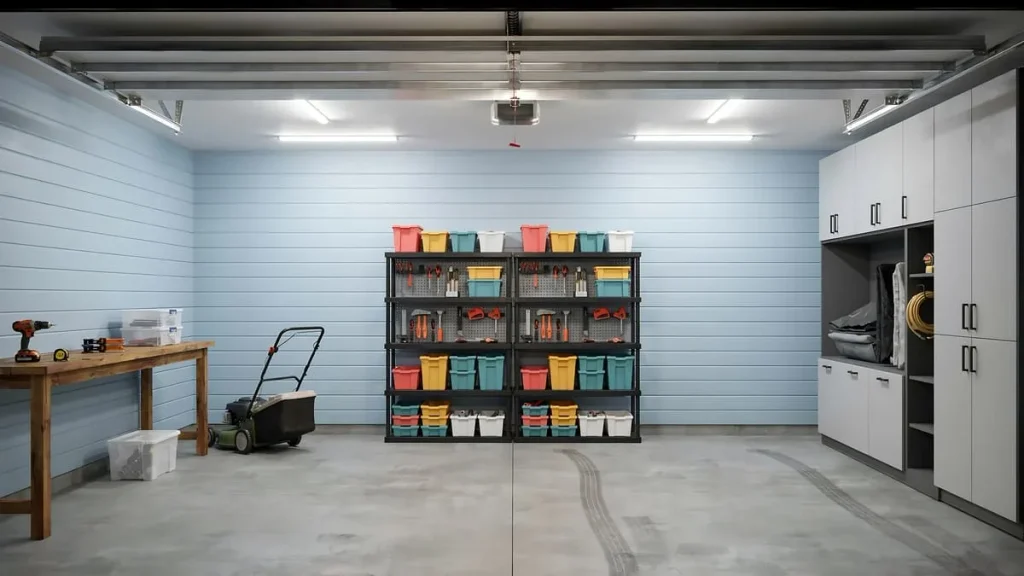 Garage paint ideas for a workshop with light walls, a workbench and storage shelving