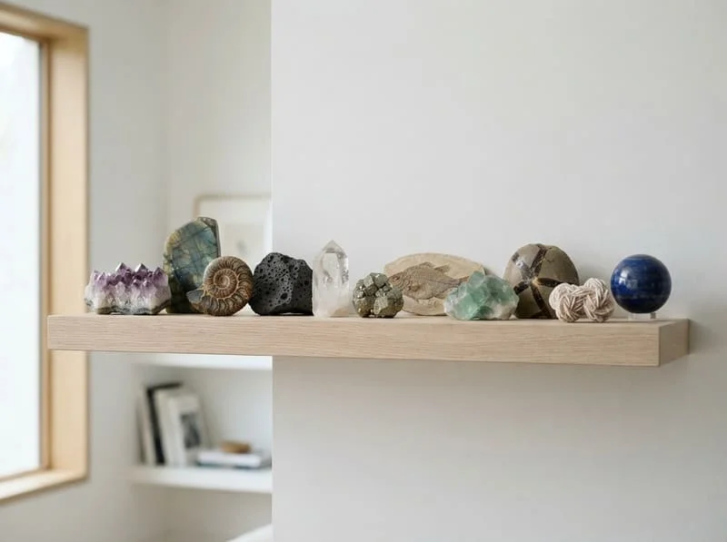 Goblincore bedroom with rocks, natural specimens, and trinkets displayed on a wooden shelf.