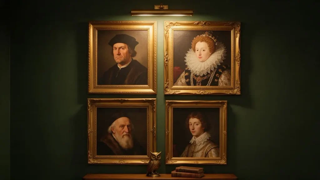 Old-master-style portraits in gold frames on a dark green wall above a console with a brass owl