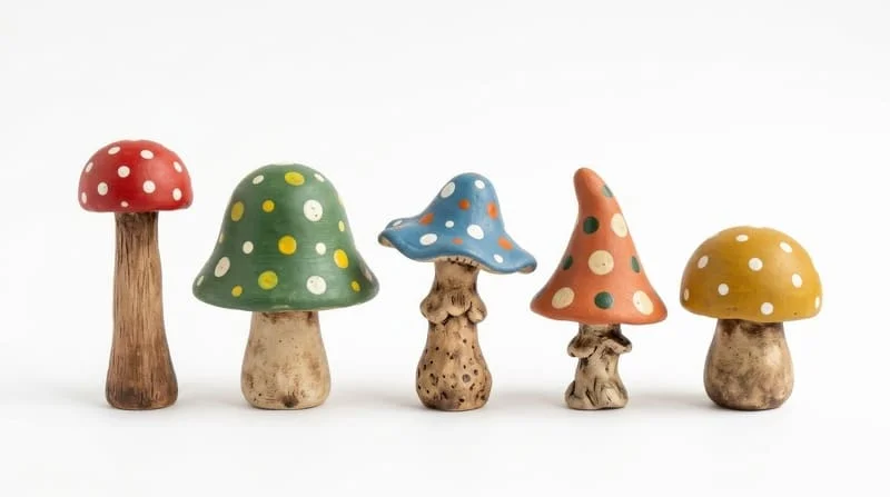 Row of colorful handmade ceramic mushroom figurines