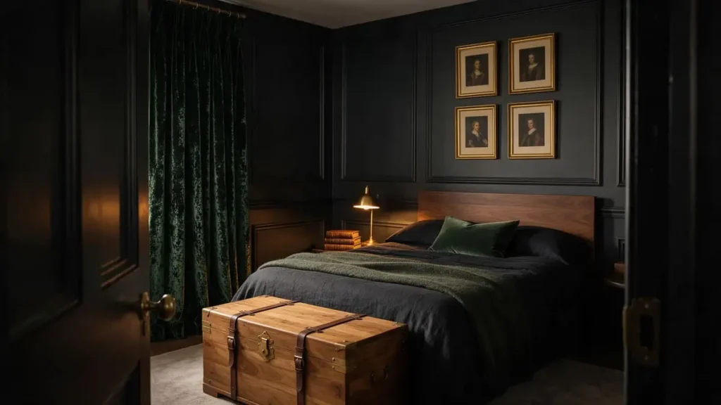 Harry Potter bedroom ideas for adults: charcoal panelled wall, green velvet curtains, wooden trunk and gold-framed portraits