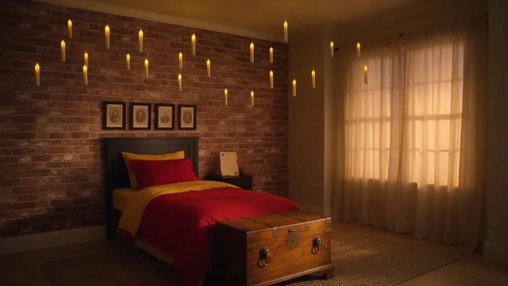 Harry Potter bedroom ideas for a kid’s room: brick wallpaper, scarlet and gold bedding, wooden chest and floating candles