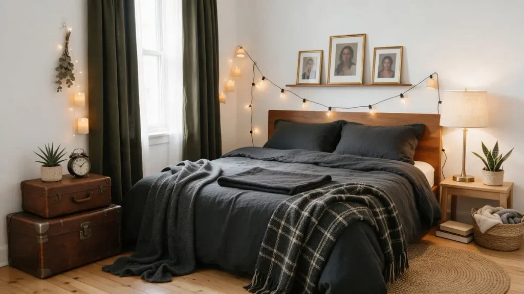 Renter-friendly Harry Potter bedroom ideas: stacked vintage suitcases, leaning gold frames and LED candles on removable hooks