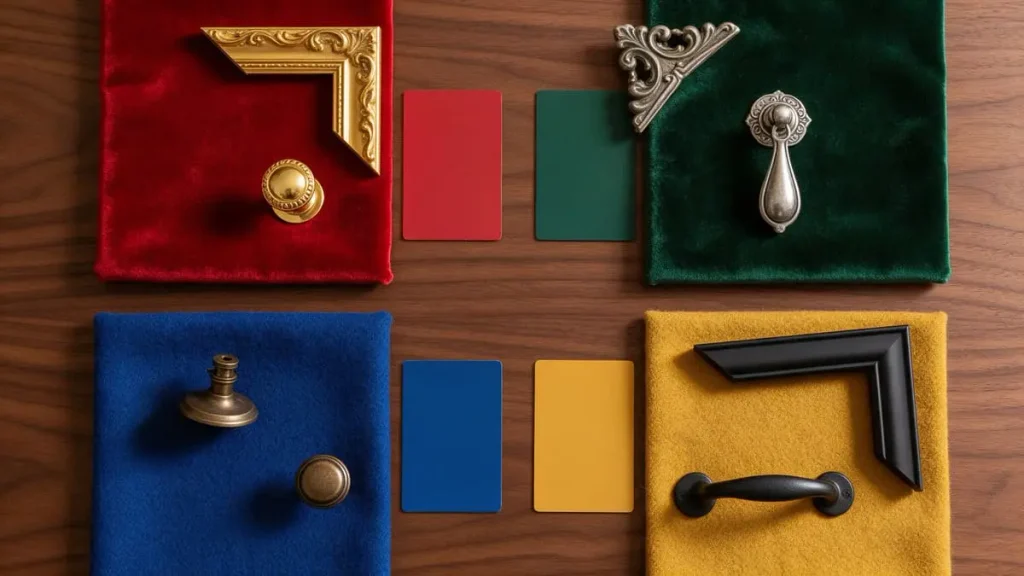 Fabric and metal samples in the four Hogwarts house colors: scarlet and gold, green and silver, blue and bronze, yellow and black