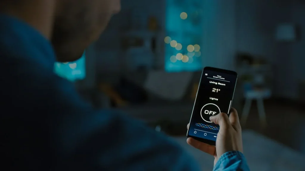 How do smart light bulbs work: a smartphone app switching on the lights in a cozy living room