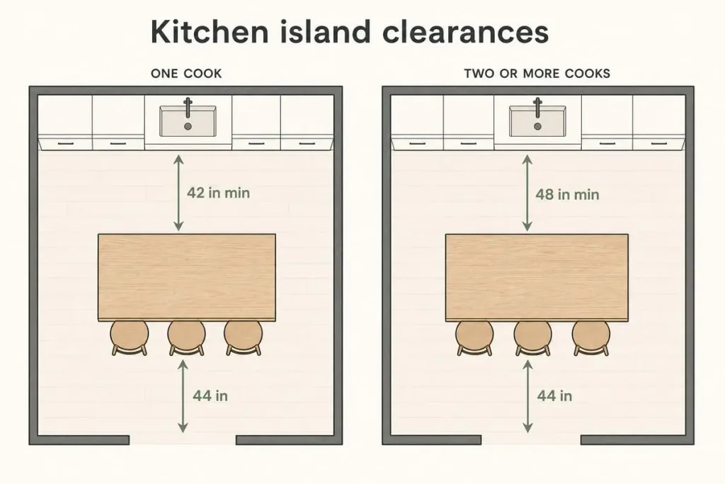 Kitchen island clearances: 42 inches for one cook, 48 inches for two or more cooks, 44 inches behind stools