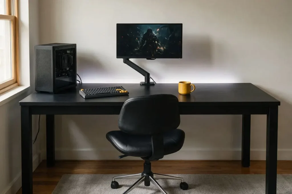 Minimal matte black gaming setup with mustard yellow keyboard accents and a matching mug.