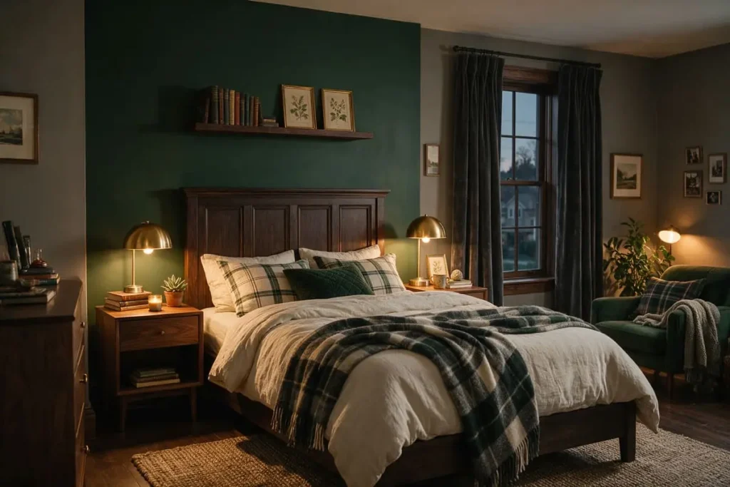 modern dark academia bedroom with forest green wall and warm lamps