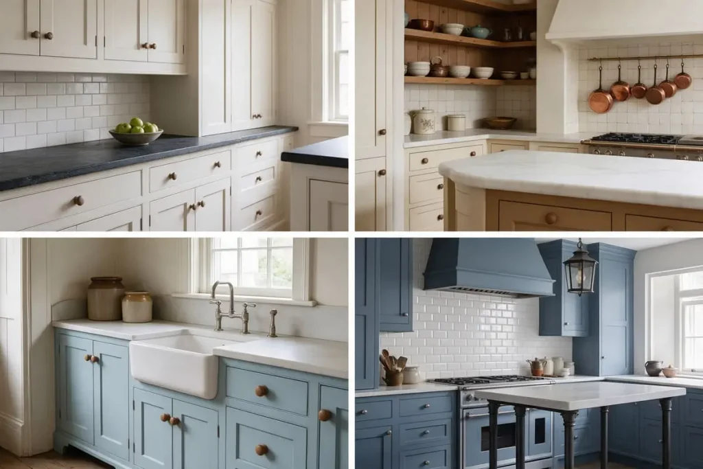 Four kitchen styles: warm white with soapstone, cream with a rounded marble island, duck-egg blue with a butler sink, and dusty blue with beveled tile