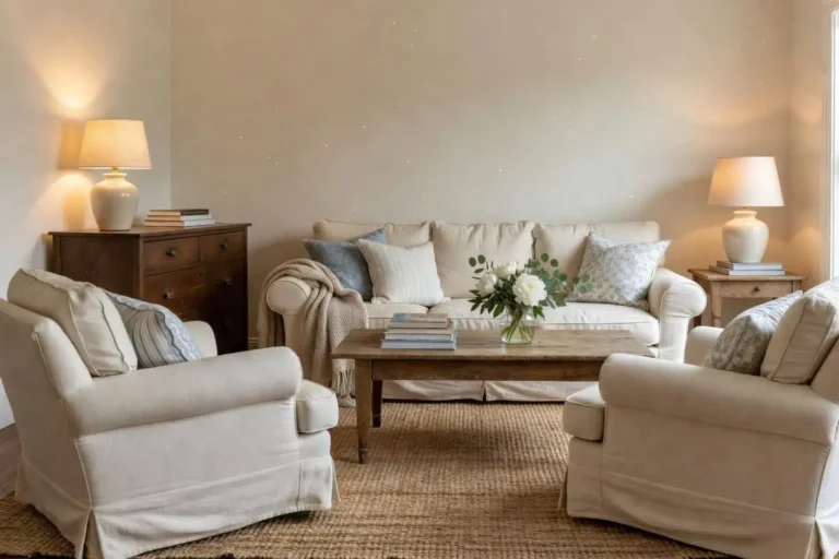 Nancy Meyers aesthetic living room with cream seating, blue-and-white cushions and a large jute rug