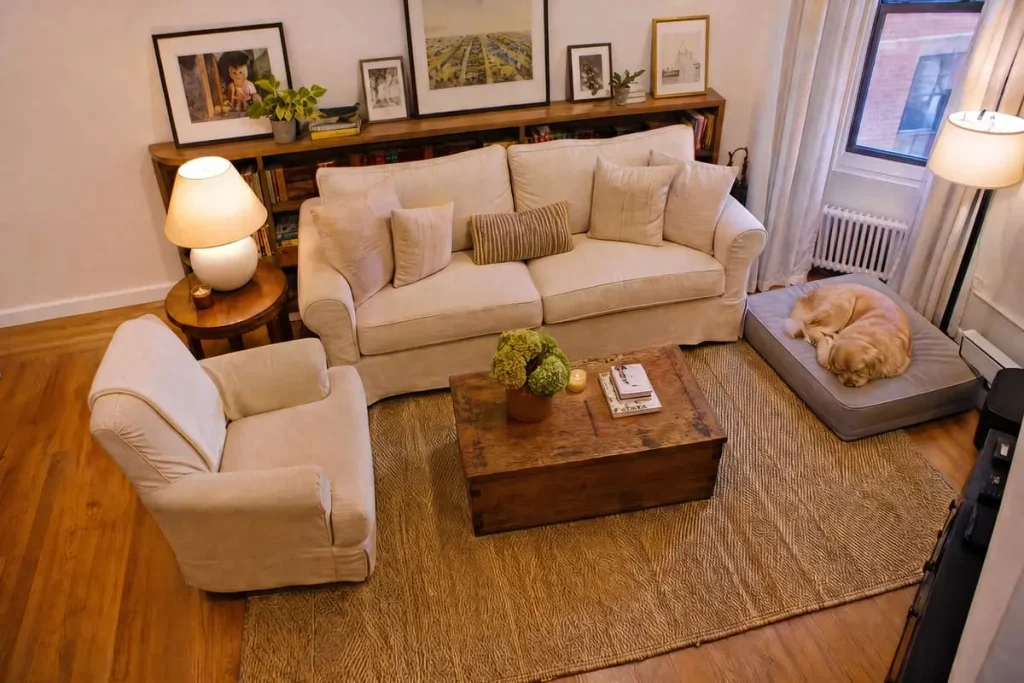 Nancy Meyers aesthetic in a small apartment with oatmeal seating, a trunk coffee table and a sleeping dog.
