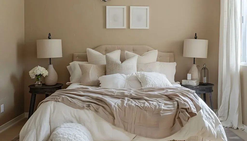 Beige bedroom with layered cream linens, matching side lamps and wall decor