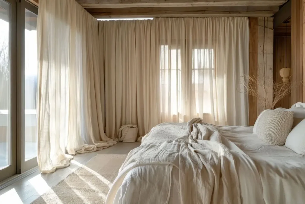 Neutral bedroom with a bed beside a window and soft, flowing curtains