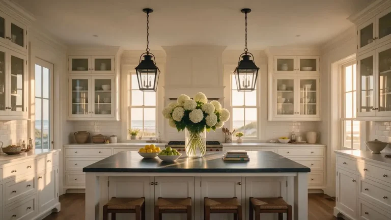 Nancy Meyers kitchen with a soapstone island, black lantern pendants and white hydrangeas in golden light