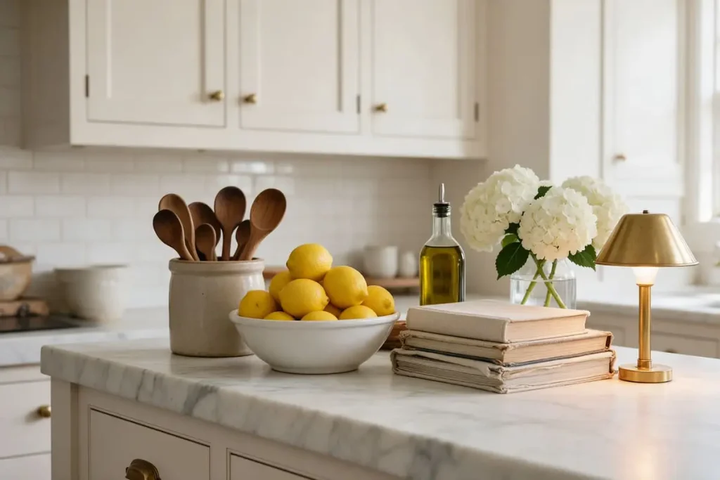 Bowl of lemons, crock of wooden spoons, cookbooks and a brass lamp on a marble kitchen counter