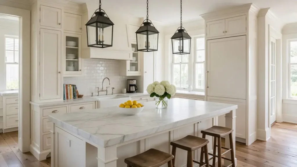 Nancy Meyers kitchen with warm white cabinets, a marble island with wooden stools and three lantern pendants