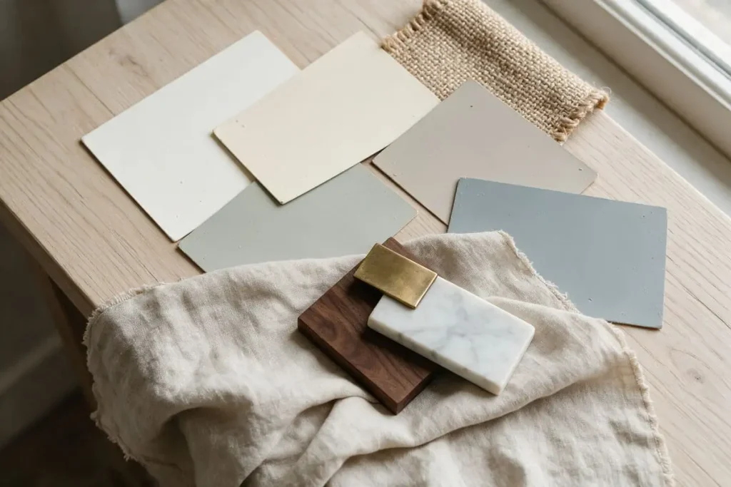 Cream, greige, blue-gray and gray-green paint samples alongside linen, jute, walnut, marble and brass.