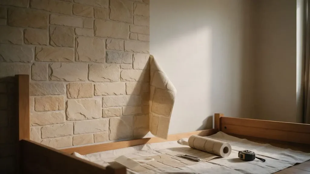 Stone-look peel-and-stick wallpaper half applied to a bedroom wall, with a roll and smoothing tool on the floor