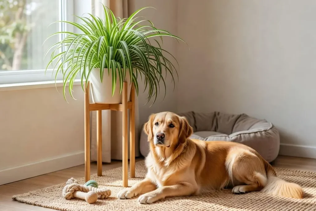 Pet corner with a spider plant placed out of the dog's reach