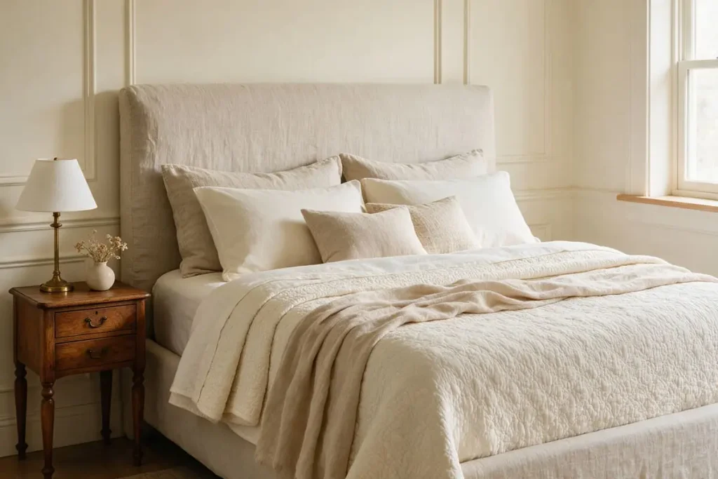 Cream bedroom wall with picture frame molding behind a linen headboard and an ivory matelassé coverlet