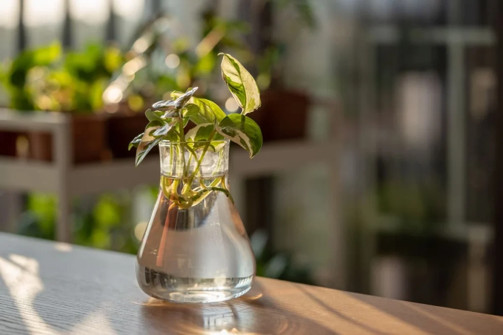 Pothos cuttings with white roots growing in a clear glass vase of water