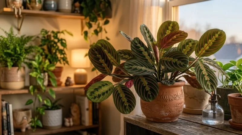Prayer plant in a terracotta pot on a wooden shelf in a sunlit room