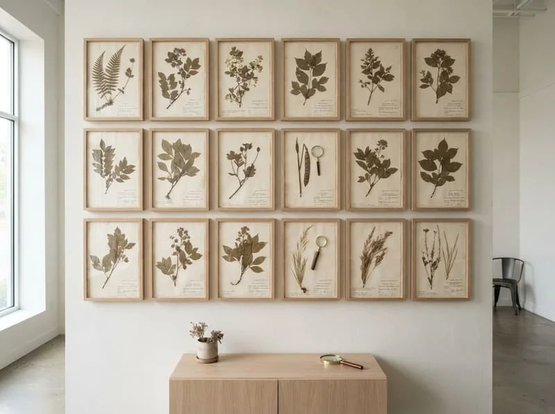 Pressed plant specimens displayed in a group of frames