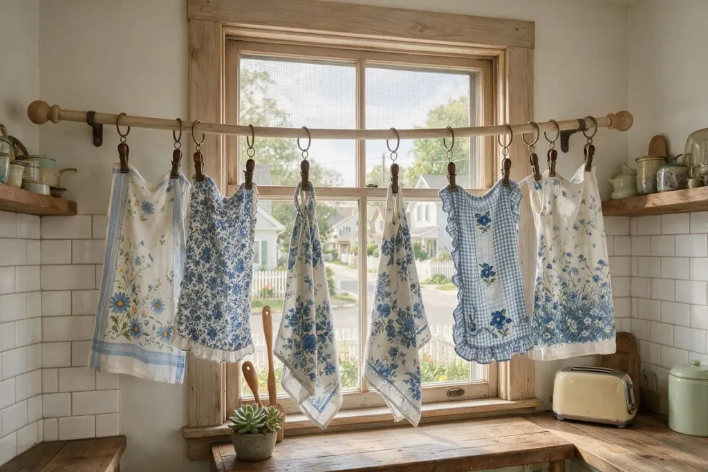 Renter-friendly cottagecore interior design: a no-sew curtain made from vintage tea towels hung on clip rings