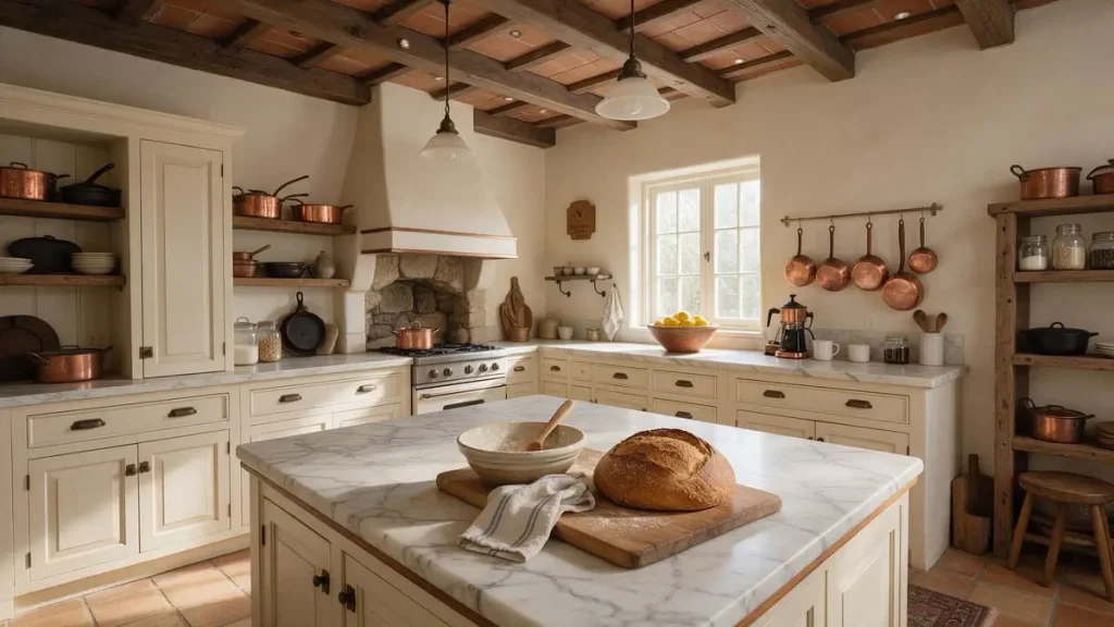 Santa Barbara-style kitchen with terracotta floors, a marble island, copper pots and freshly baked bread.