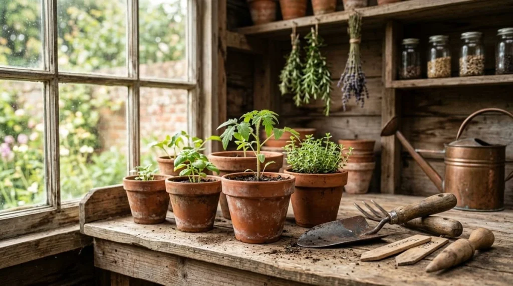 Potting bench with plants by a window in a garden she shed