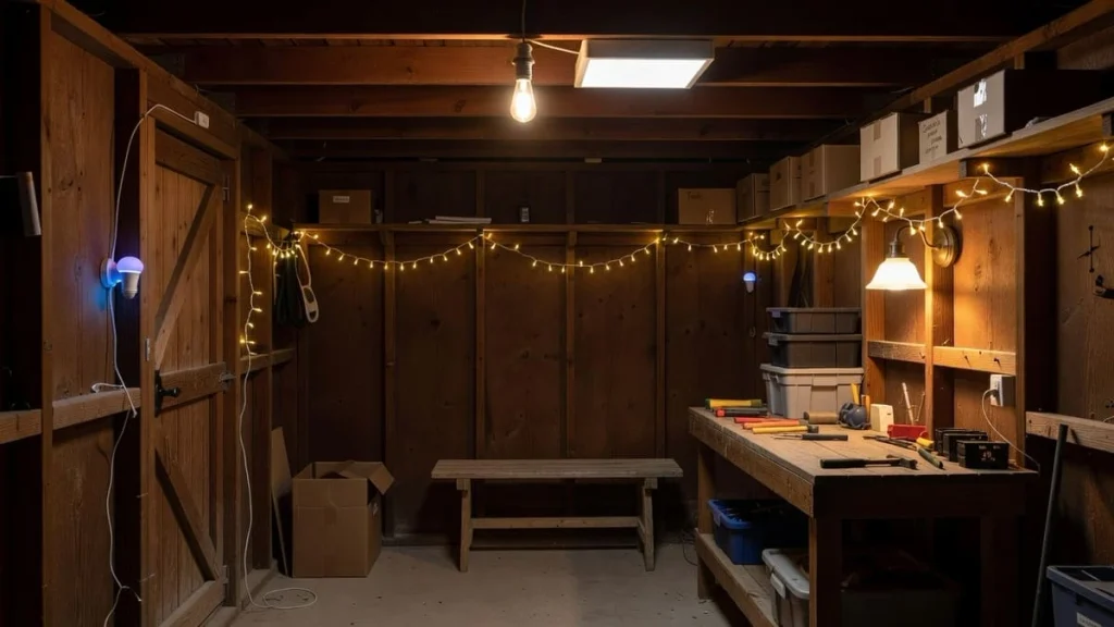 She shed renovation ideas featuring layered lighting at dusk