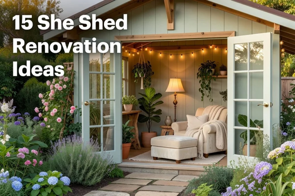 She shed renovation ideas featuring a cozy sage-green interior, French doors, warm lighting, comfortable seating, and plants.