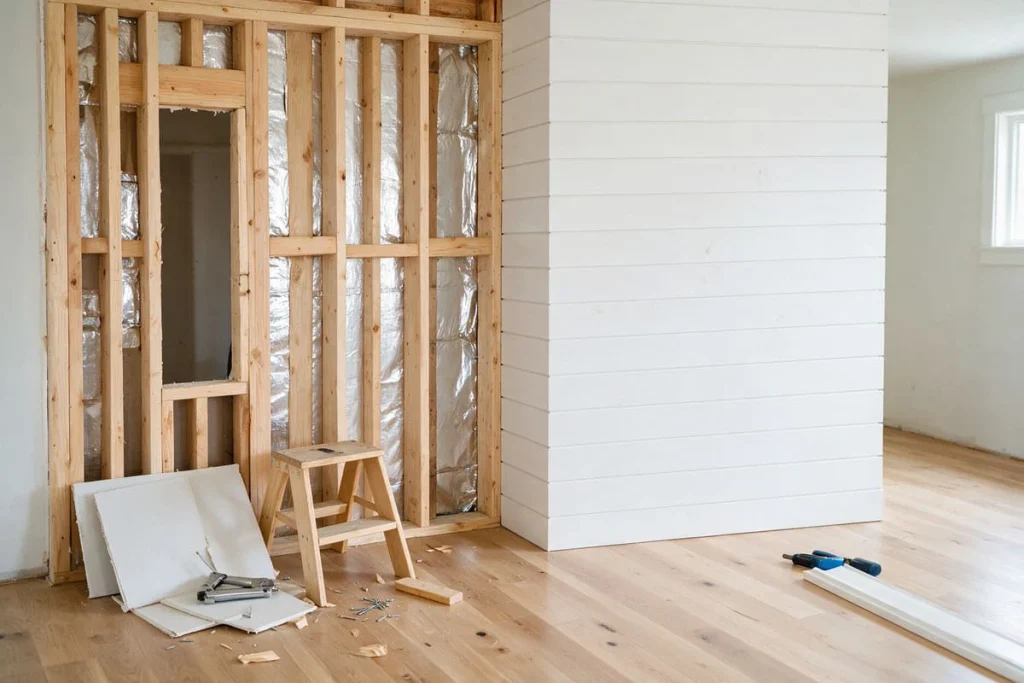 Bare stud wall beside a finished shiplap-lined wall during a she shed renovation
