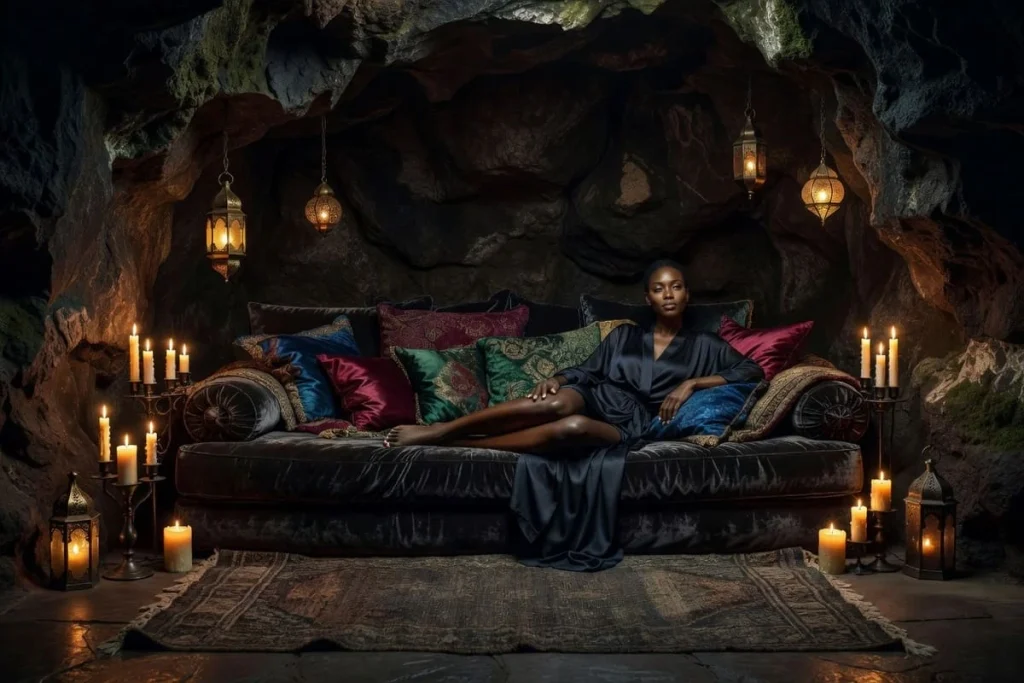 Dark woman cave lounge with a daybed, one of these cozy she shed renovation ideas