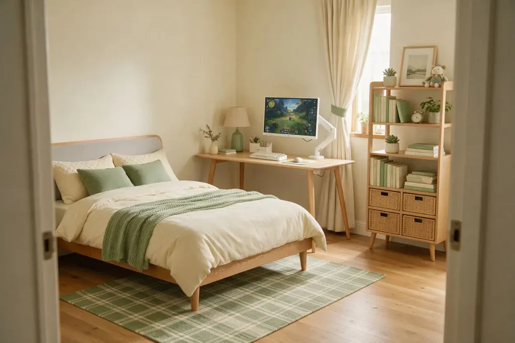 Compact bedroom gaming setup beside a bed, with a slim desk, monitor arm and sage bedding.