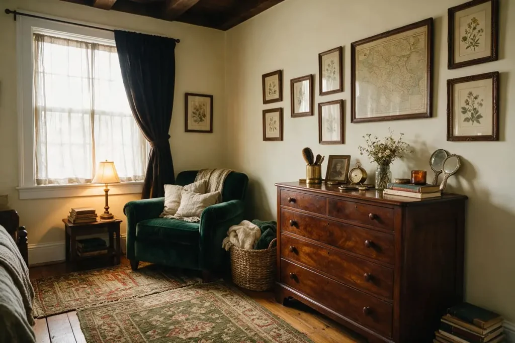 small dark academia bedroom with pale walls and layered curtains