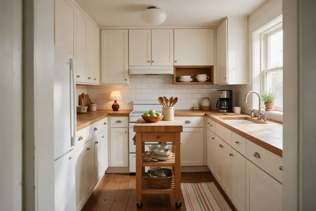 Small kitchen with a rolling butcher block cart instead of an island, a counter lamp and a striped runner